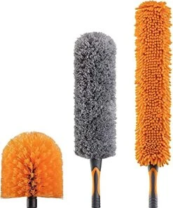 Extend-A-Reach Dusting Kit For Extension Pole Or By Hand // Twist On Duster Cleaning Kit Includes 3 Attachments // Cobweb Brush // Feather Duster And Flexible Ceiling Fan Duster (Pole Sold Separately)