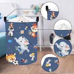 Clastyle 45L Funny Play Animals Laundry Hamper Skateboard Elephant Blue Laundry Basket With Drawstring Round Toy Clothes Storage Basket For Kids Room, 14.2x17.7 In -Household Cleaning Supply Store 51k7qaP0AVL