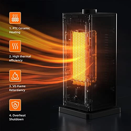 Space Heater, Portable Electric Heater For Bedroom, Ceramic Heater With Thermostat & 90° Oscillation For Large Room Indoor Use, Safe For Children And Pets With Tip-Over & Overheat Protection 4 Space Heater, Portable Electric Heater For Bedroom, Ceramic Heater With Thermostat & 90° Oscillation For Large Room Indoor Use, Safe For Children And Pets With Tip-Over & Overheat Protection - Image 2