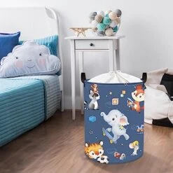 Clastyle 45L Funny Play Animals Laundry Hamper Skateboard Elephant Blue Laundry Basket With Drawstring Round Toy Clothes Storage Basket For Kids Room, 14.2x17.7 In -Household Cleaning Supply Store 51oUDtMg3kL