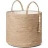 Mkono Woven Storage Basket Decorative Rope Basket Wooden Bead Decoration For Blankets,Toys,Clothes,Shoes,Plant Organizer Bin With Handles Living Room Home Decor, Jute, 16" W × 13.8"L