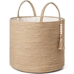 Mkono Woven Storage Basket Decorative Rope Basket Wooden Bead Decoration For Blankets,Toys,Clothes,Shoes,Plant Organizer Bin With Handles Living Room Home Decor, Jute, 16" W × 13.8"L