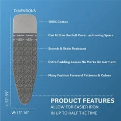 Bartnelli Ironing Board Cover And Pad, Made In Europe With New Patent Technology | 54x15 Iron Board Replacement Cover Featuring Park & Turbo Zone, Scorch Resistant 100% Cotton Thick Layered Top -Household Cleaning Supply Store 51skYE0yegL