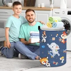 Clastyle 45L Funny Play Animals Laundry Hamper Skateboard Elephant Blue Laundry Basket With Drawstring Round Toy Clothes Storage Basket For Kids Room, 14.2x17.7 In -Household Cleaning Supply Store 51uzSeFizSL