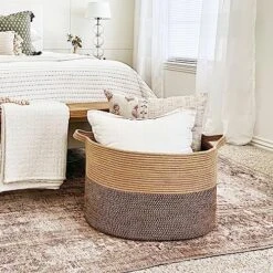 TIMEYARD Extra Large Woven Basket, 21.7'' X 13.8'' Wicker Blanket Basket Living Room Dog Toy Bin, Laundry Basket For Dirty Clothes, Shoe Basket For Entryway, 90L Black & Jute -Household Cleaning Supply Store 61dorhoLKpL