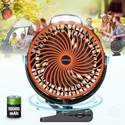 Camping Fan With Light 2023 Upgraded,10000mah Battery Operated Fan Rechargeable Fan,Quiet And Strong Wind Clip Fan For Bed, Outside Fan With Hook Usb Fan For Bedroom Outdoor Tents Desk Fan ( Orange )