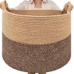 TIMEYARD Extra Large Woven Basket, 21.7'' X 13.8'' Wicker Blanket Basket Living Room Dog Toy Bin, Laundry Basket For Dirty Clothes, Shoe Basket For Entryway, 90L Black & Jute