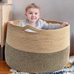Goodpick Extra Large Storage Basket, 23.6 X 14.2 Inches, Woven Laundry Basket For Clothes, Large Wicker Basket For Organizing Pillow Basket For Blankets In Living Room, Jute Plant Tree Basket, 99L